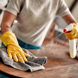 Cropped image of a beautiful young woman makes cleaning the house. Girl rubs dust. Woman in protective gloves is smiling and wiping dust using a spray and a duster while cleaning her house.